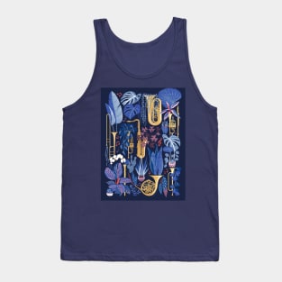 Music to my eyes - oxford navy blue background gold textured musical instruments blue indoor plants coral music notes Tank Top